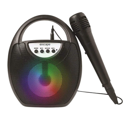 Portable speaker with colorful LED lights and a microphone on a white background