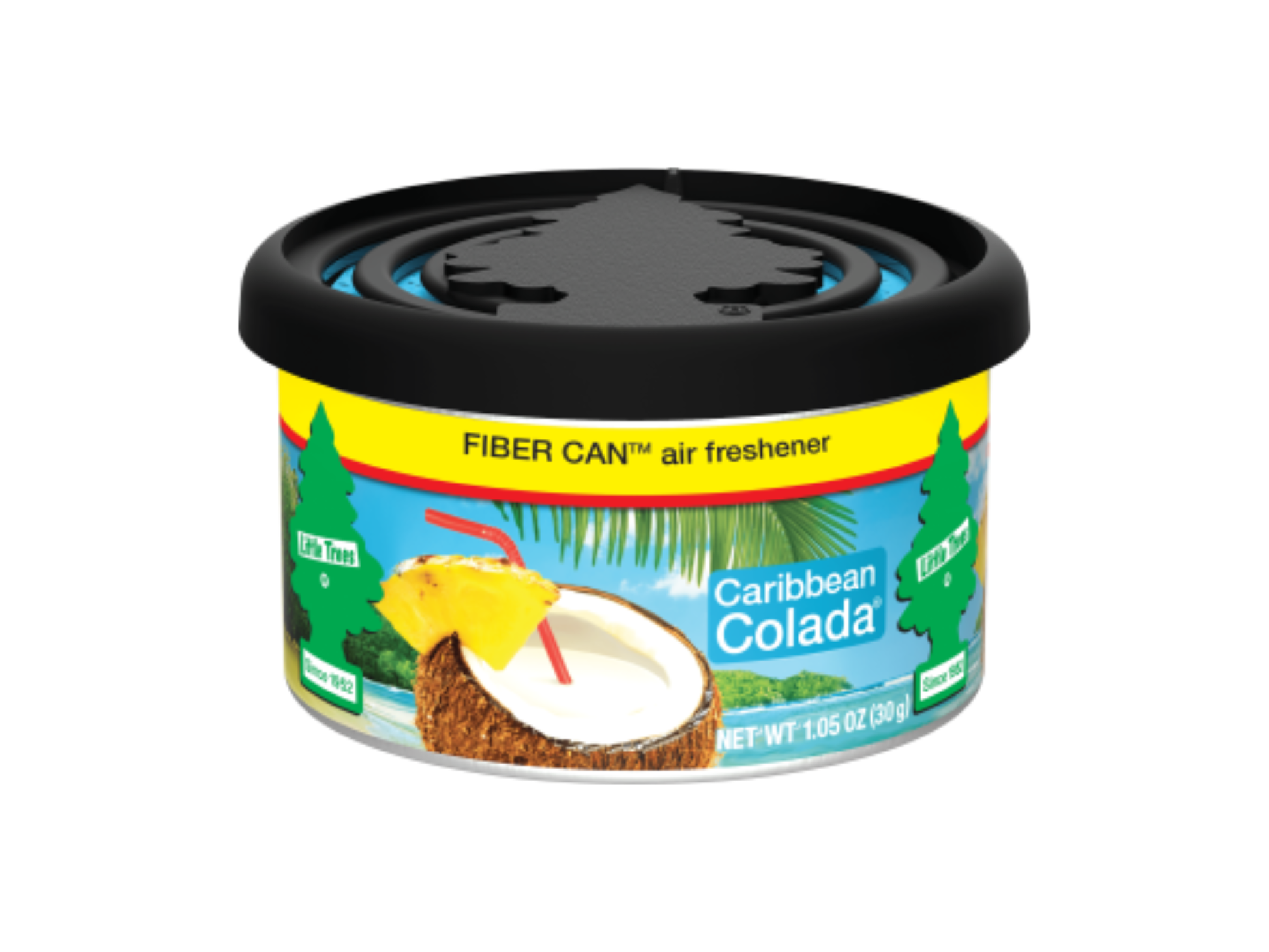 Fiber Can air freshener with 'Caribbean Colada' flavor on a white background
