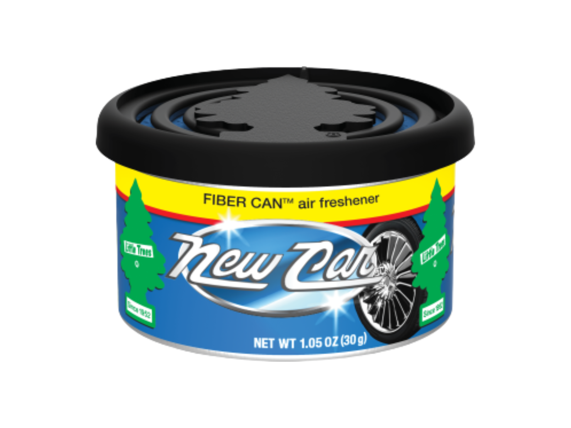 Fiber can air freshener with 'New Car' scent on a white background