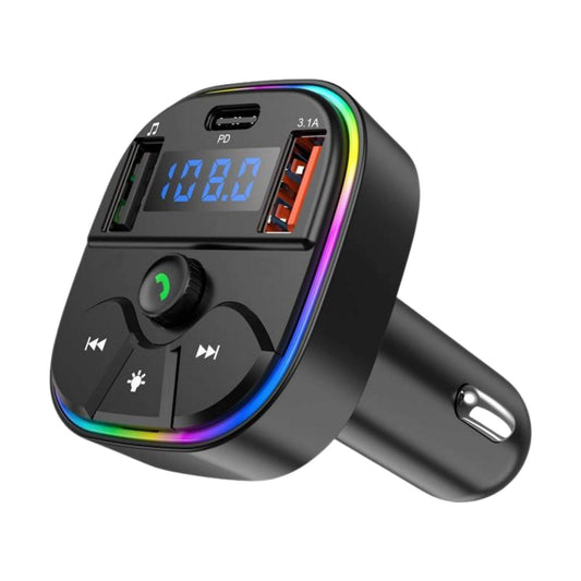 Car transmitter with Bluetooth and multicolor lighting on a white background.