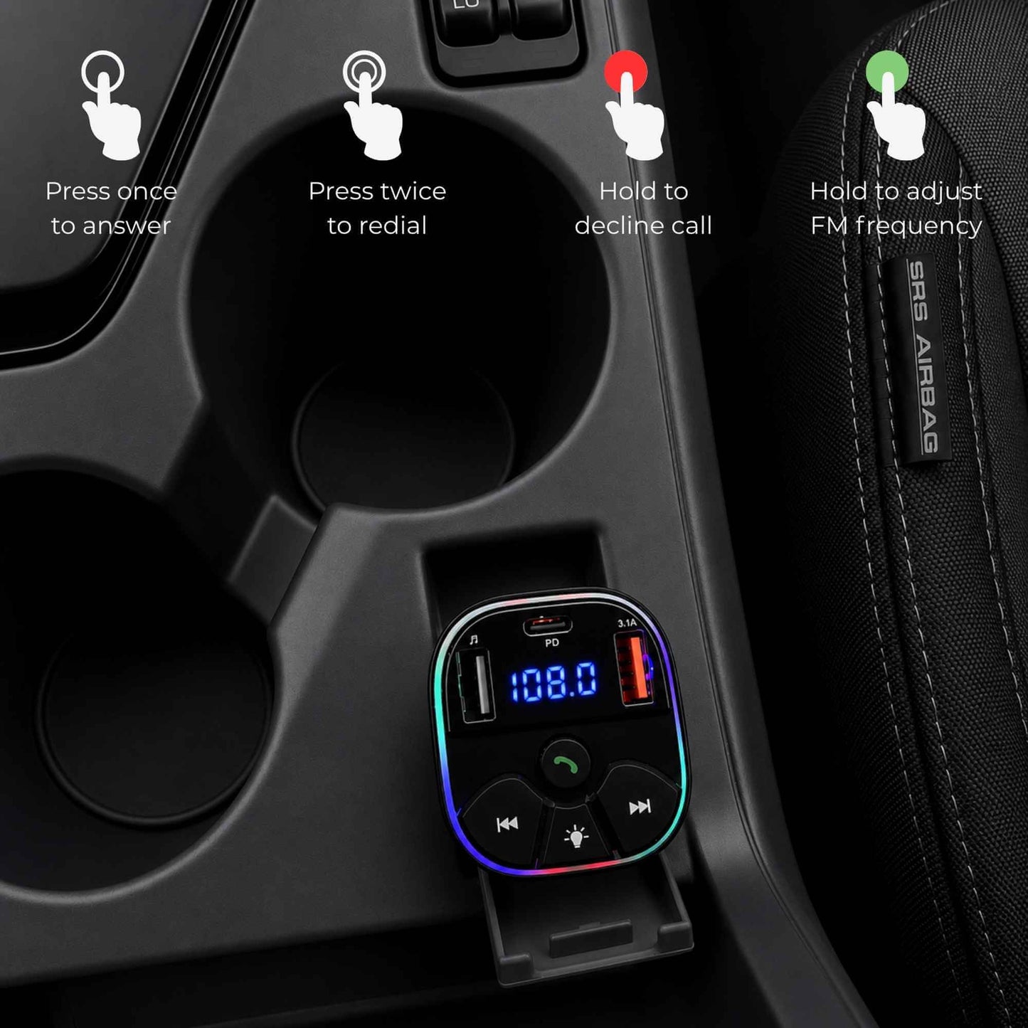 Car cup holder with a Bluetooth receiver and control buttons on a car dashboard.