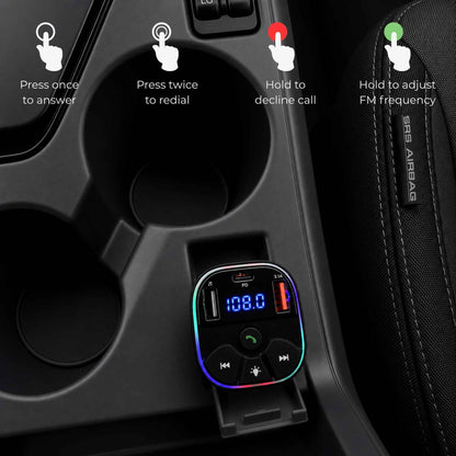 Car cup holder with a Bluetooth receiver and control buttons on a car dashboard.