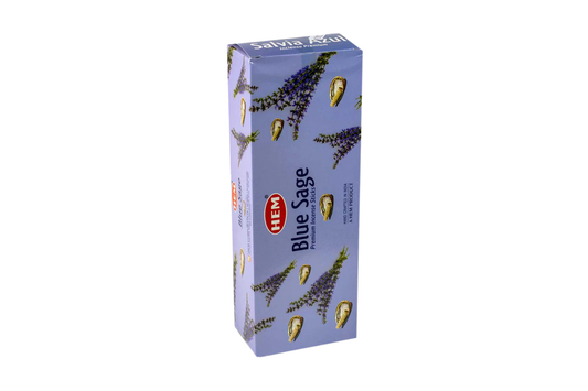Box of HEM Blue Sage incense sticks on a white background