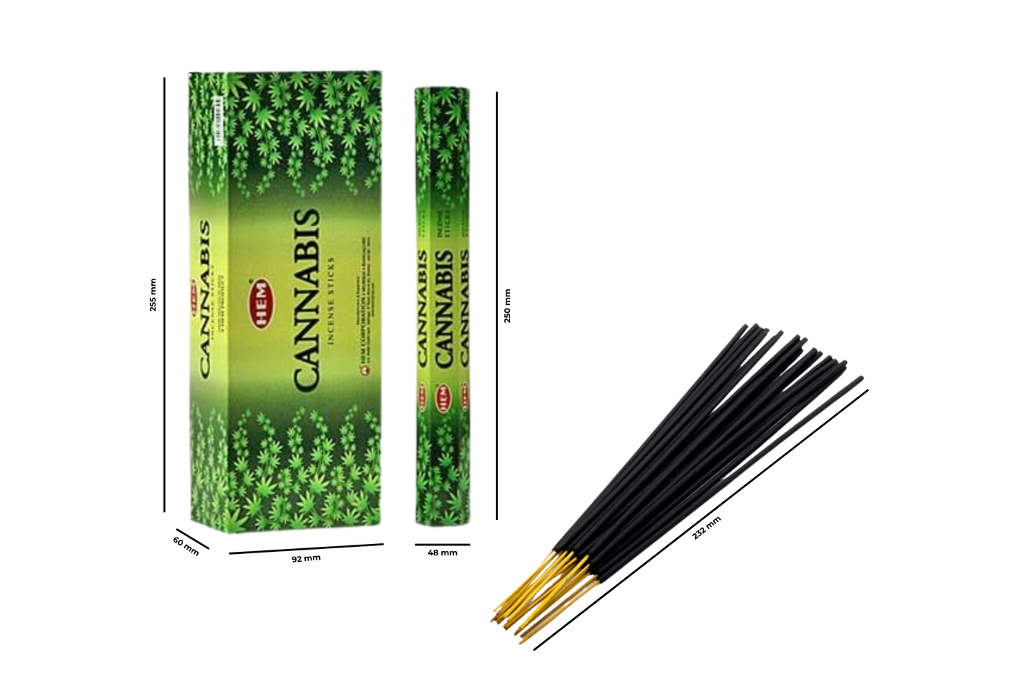 Incense sticks with green packaging labeled 'Cannabis' on a white background