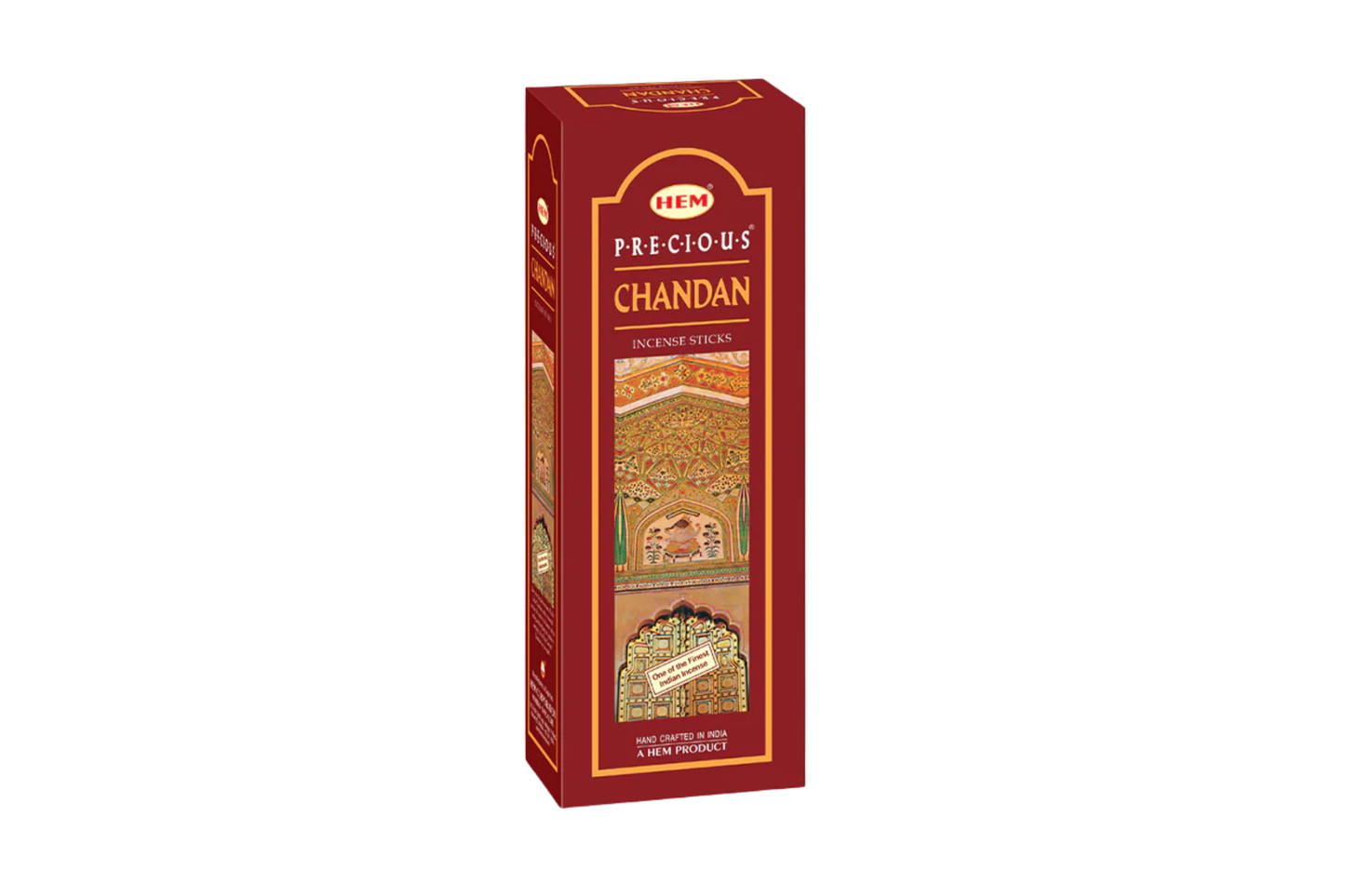 Box of HEM Precious Chandan incense on a white background