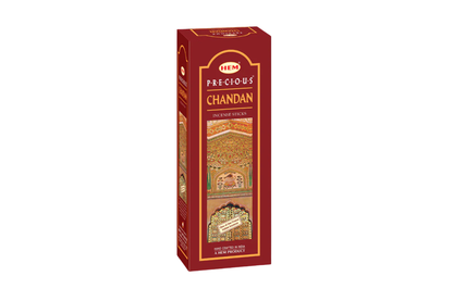 Box of HEM Precious Chandan incense on a white background
