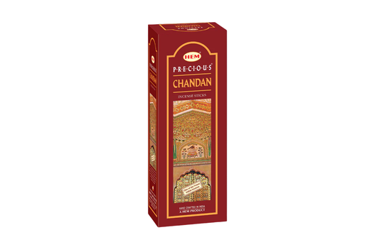 Box of HEM Precious Chandan incense on a white background