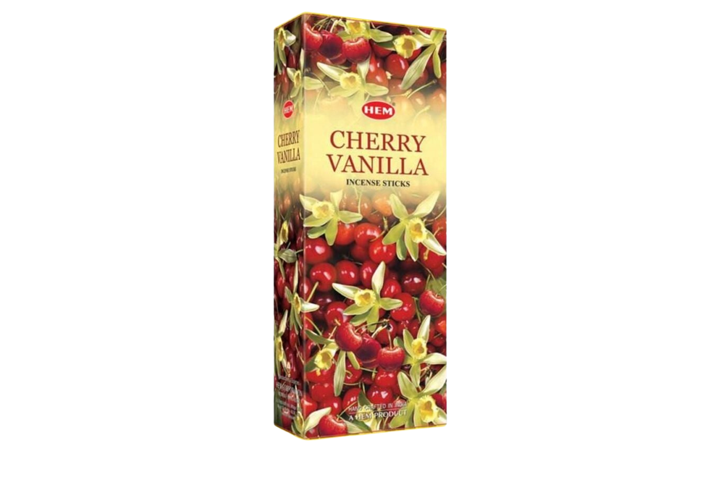Box of cherry vanilla incense sticks with images of cherries and vanilla flowers on a white background.