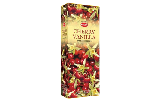 Box of cherry vanilla incense sticks with images of cherries and vanilla flowers on a white background.