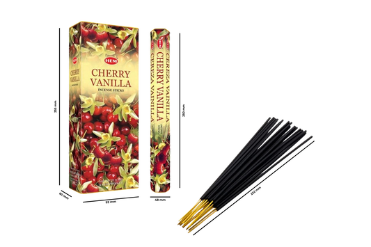 Cherry Vanilla incense sticks with packaging on a white background