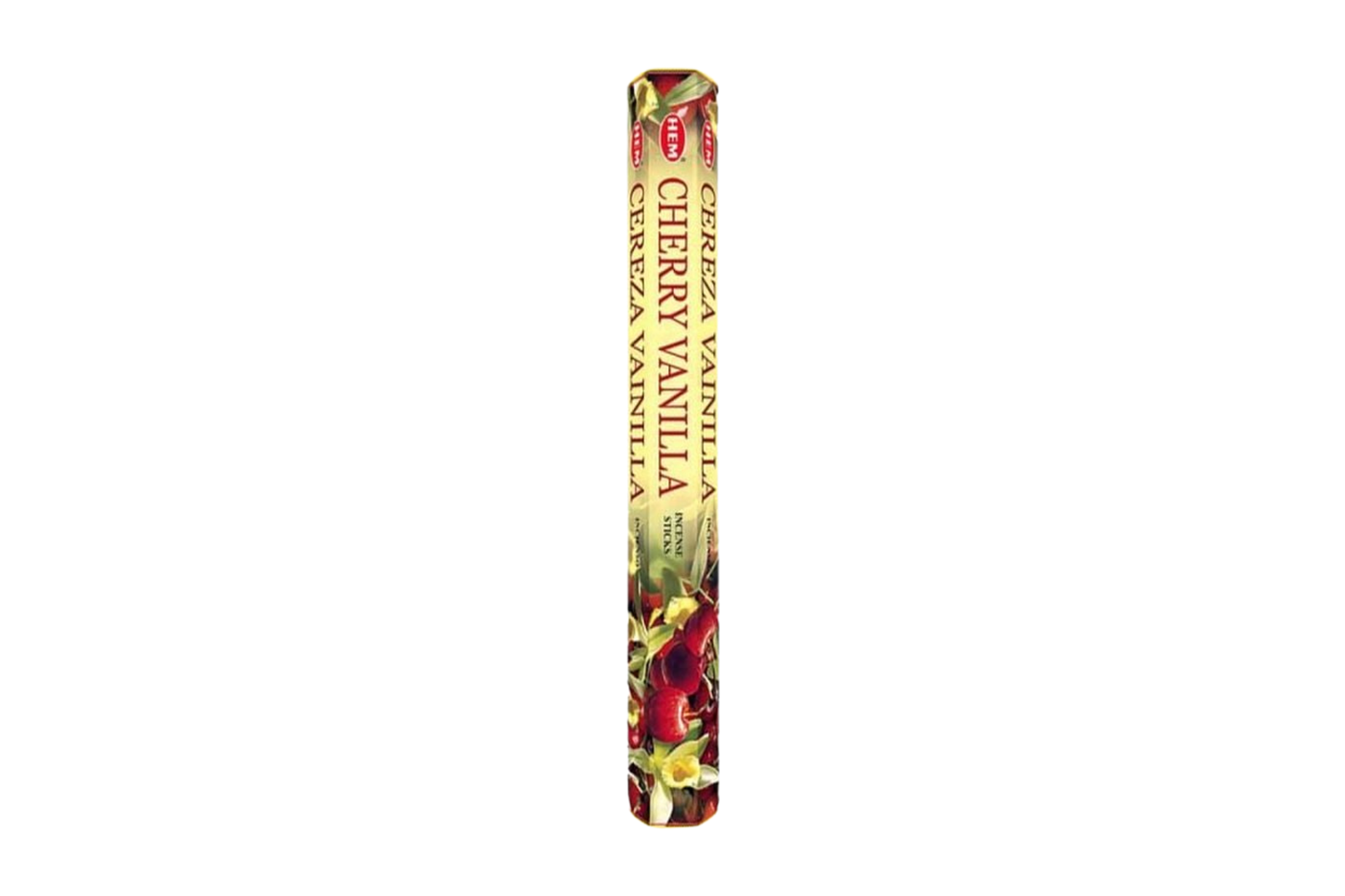 Tall hexagonal incense package with floral design on a white background
