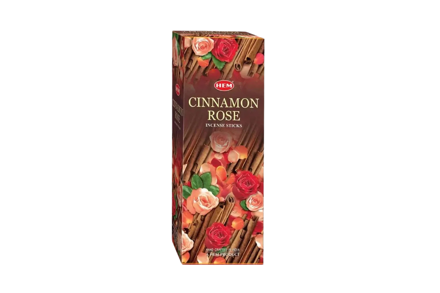 Box of HEM Cinnamon Rose incense sticks on a white background