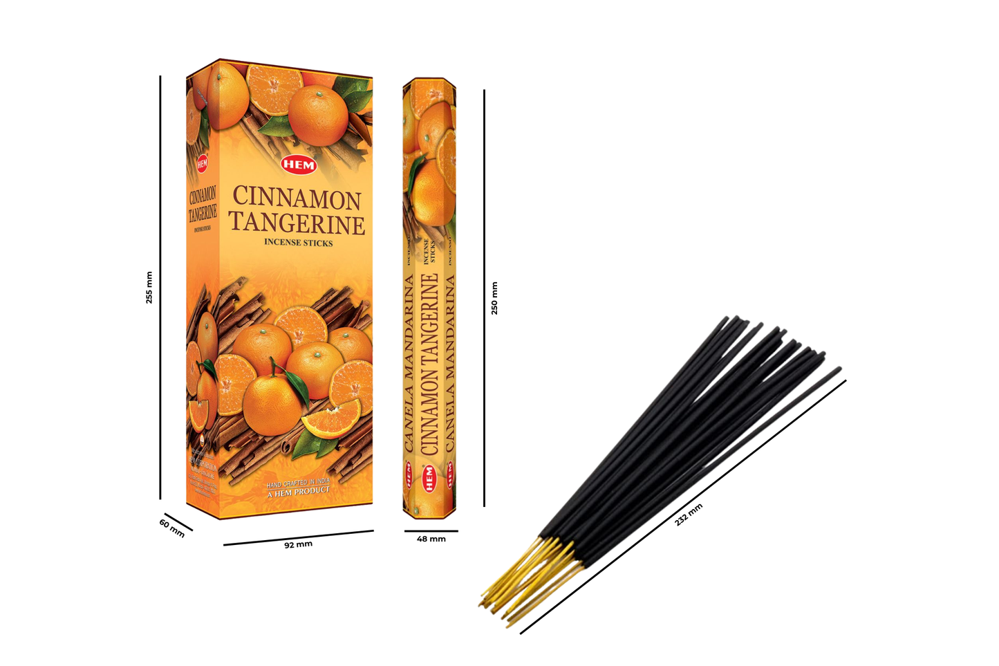 Cinnamon Tangerine incense sticks with packaging on a white background