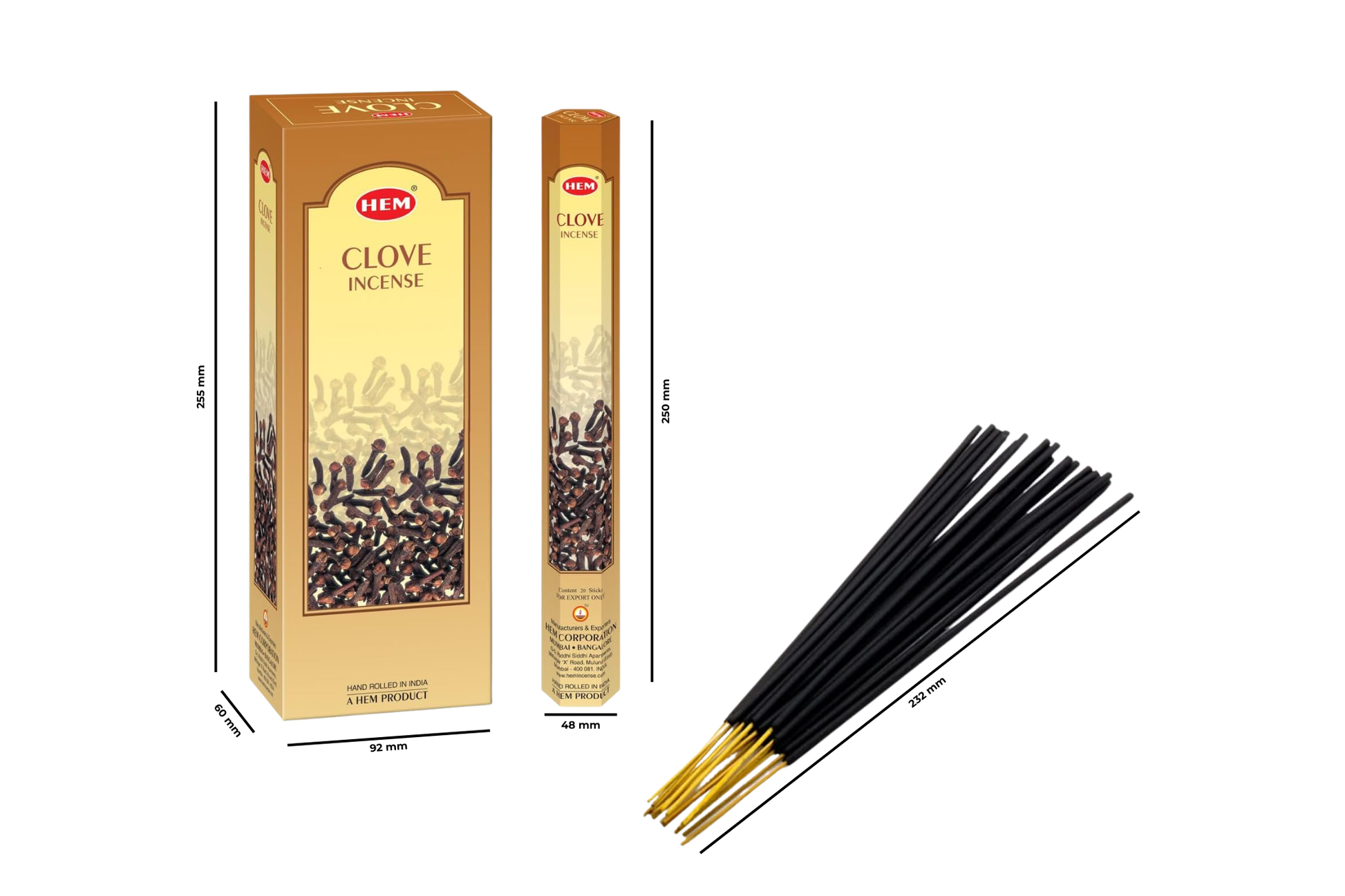 Hem Clove incense packaging and sticks on a white background