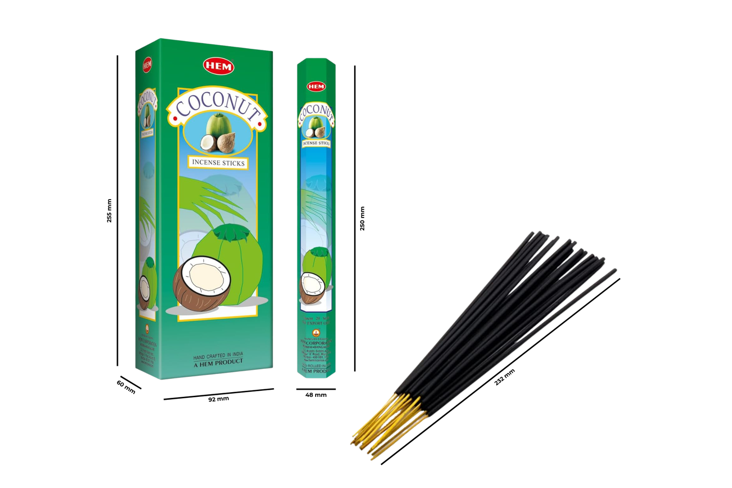 Hem Coconut incense sticks with packaging on a white background