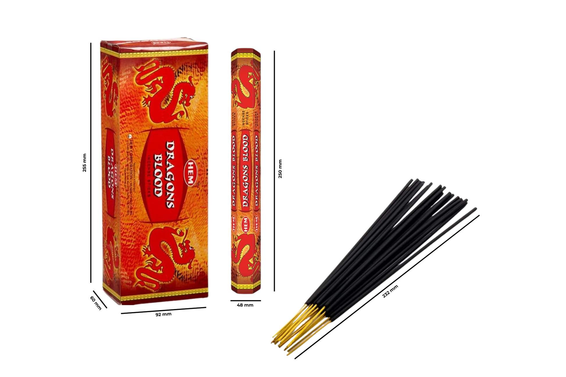 Two boxes of Dragon Blood incense sticks with a bundle of incense sticks on a white background.