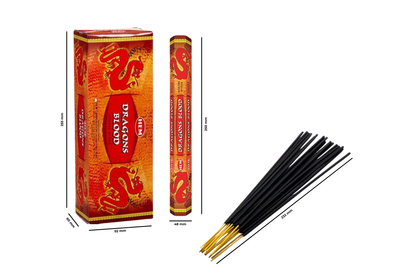 Two boxes of Dragon Blood incense sticks with a bundle of incense sticks on a white background.