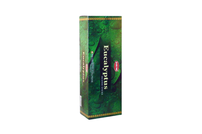 Green box of Eucalyptus incense sticks on a white background