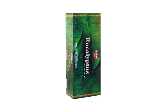 Green box of Eucalyptus incense sticks on a white background