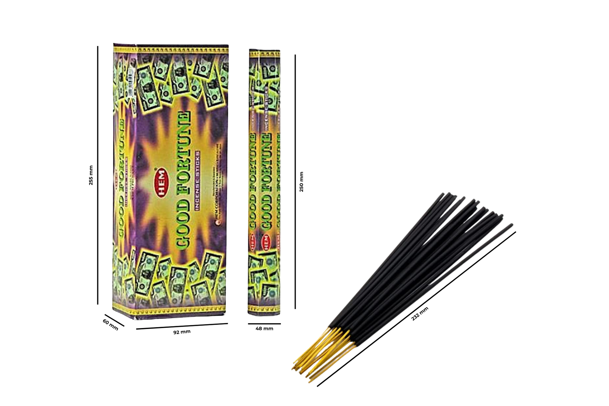 Incense sticks with packaging labeled 'Good Fortune' on a white background