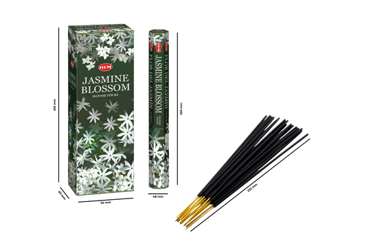 HEM Palo Santo incense sticks with packaging and measurements on a white background