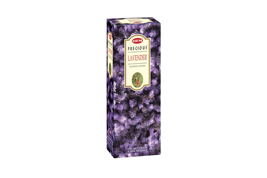Box of HEM Precious Lavender incense on a white background