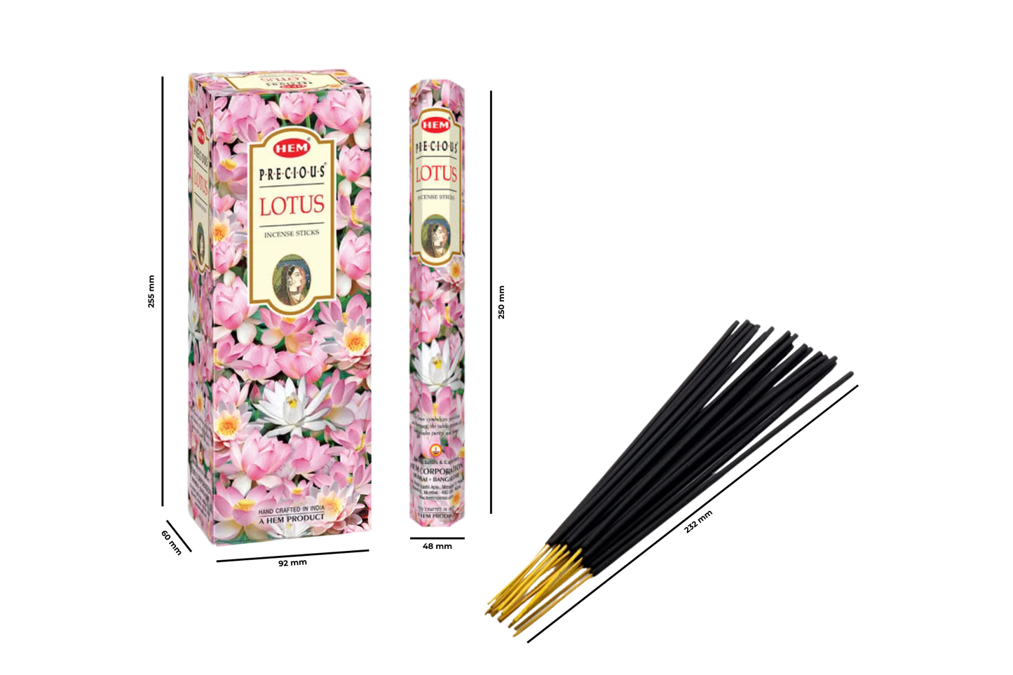Incense sticks with packaging and dimensions displayed on a white background