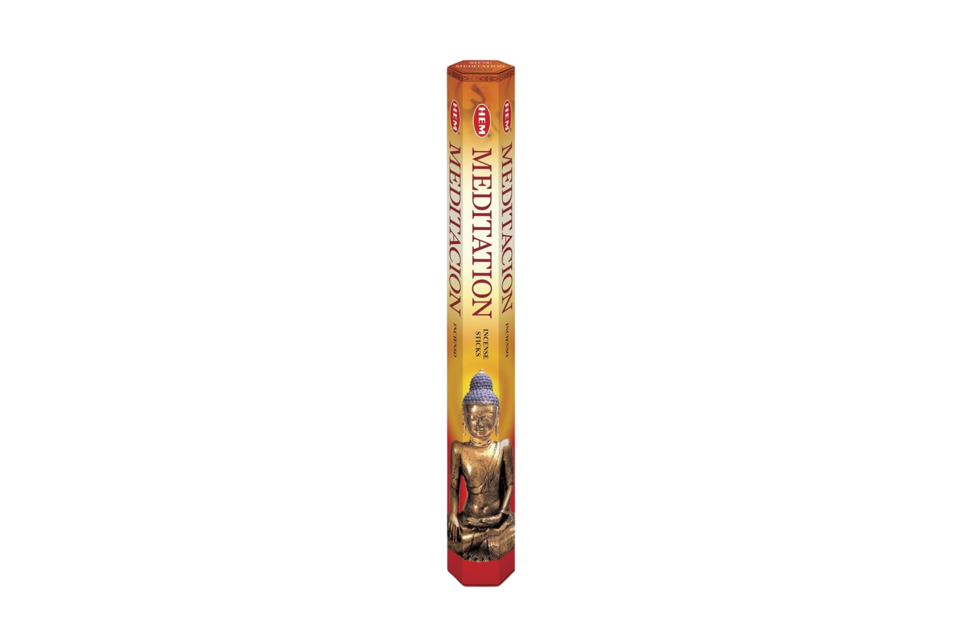 Incense stick packaging labeled 'Meditation' with a Buddha illustration on a white background