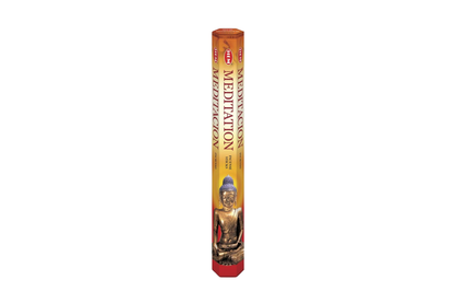 Incense stick packaging labeled 'Meditation' with a Buddha illustration on a white background