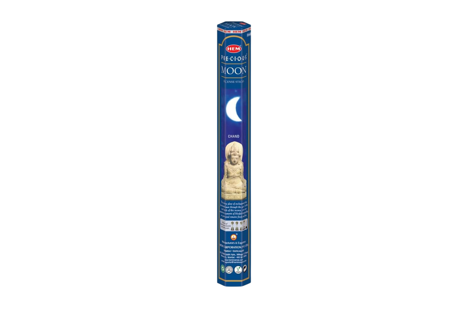 Incense stick package with a blue label featuring a Buddha image on a white background