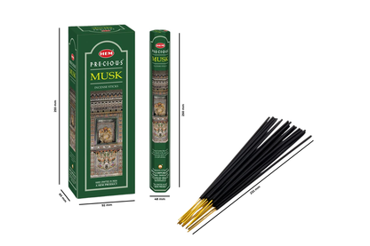 Hem Precious Musk incense sticks with packaging on a white background