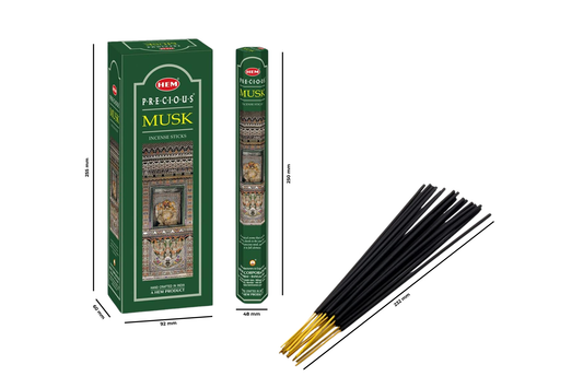 Hem Precious Musk incense sticks with packaging on a white background