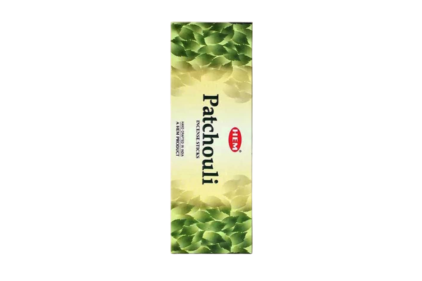 Patchouli incense stick packaging with green leaf design on a white background