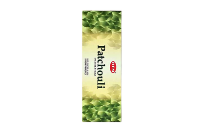 Patchouli incense stick packaging with green leaf design on a white background