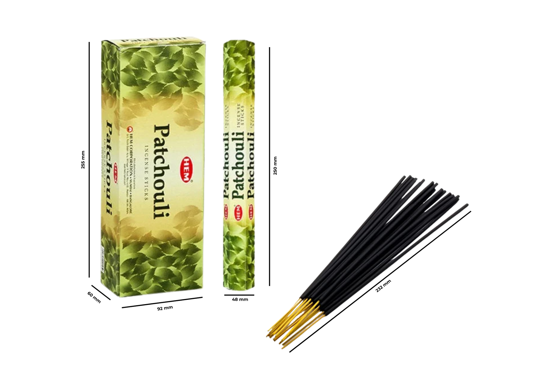 Patchouli incense sticks with packaging on a white background