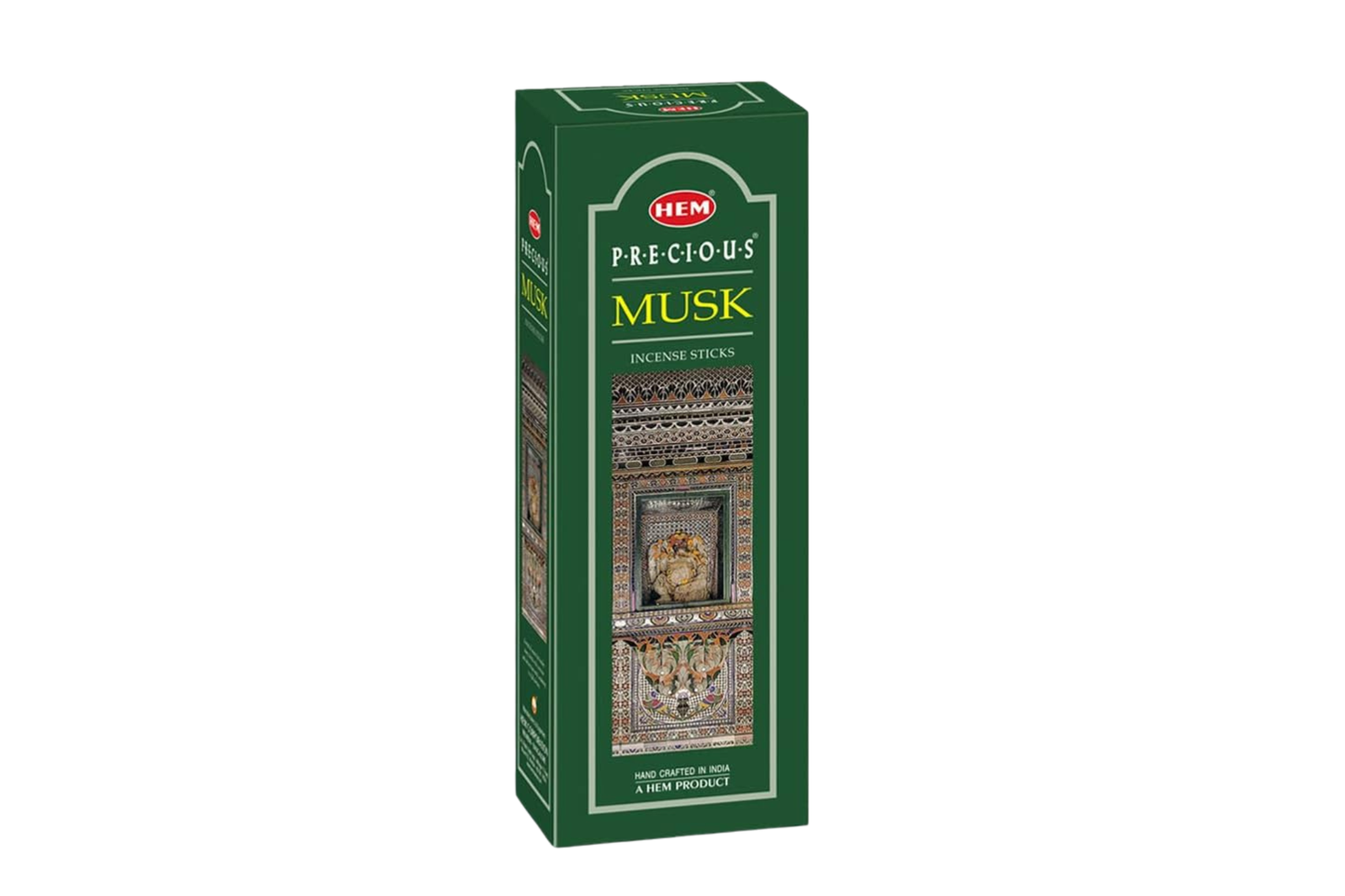 Green box of HEM Precious Musk incense sticks on a white background