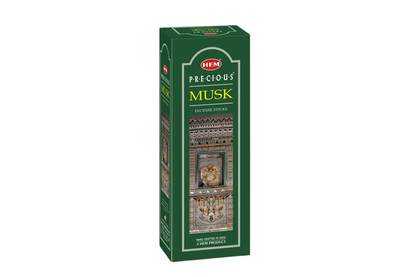 Green box of HEM Precious Musk incense sticks on a white background