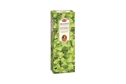 Box of precious patchouli incense sticks on a white background