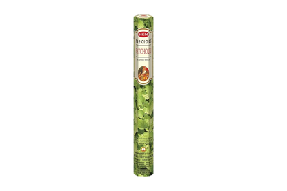 Hem incense stick packaging with green design on a white background