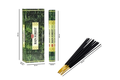 Incense sticks with packaging labeled 'Rain Forest' on a white background