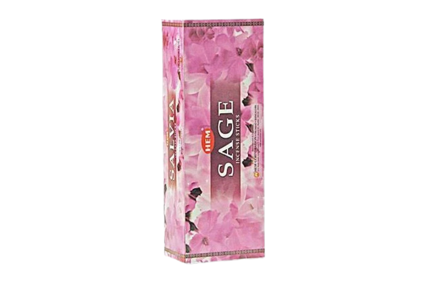 Sage incense packaging with pink floral design on a white background