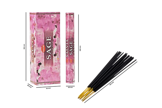 Incense sticks with pink packaging labeled 'Sage' on a white background