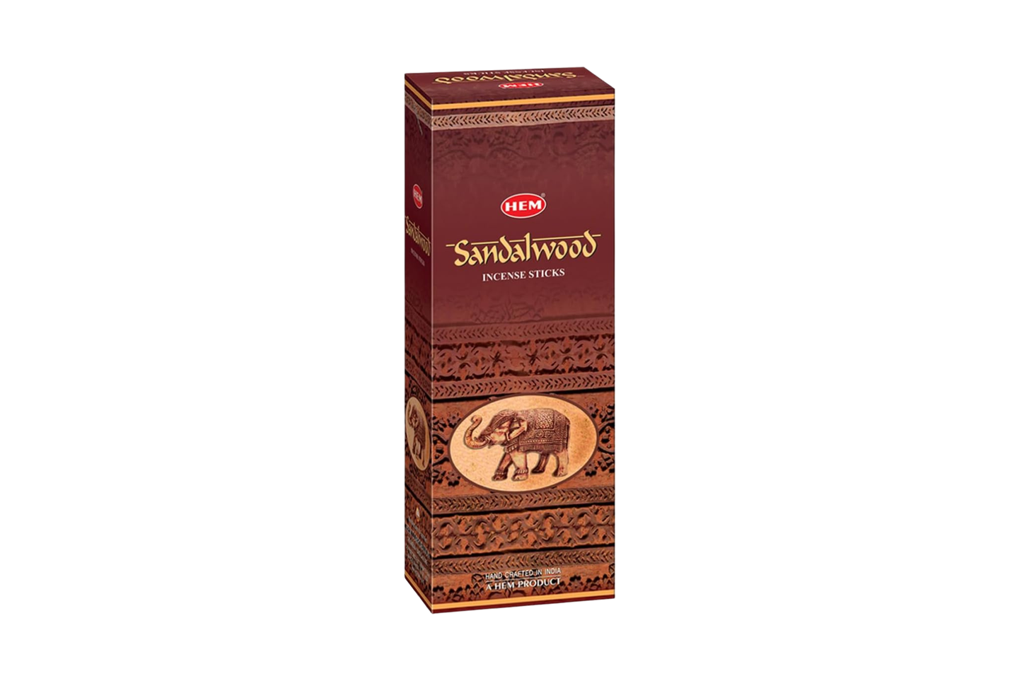 Box of sandalwood incense sticks with a brand logo on a white background