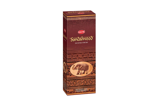 Box of sandalwood incense sticks with a brand logo on a white background