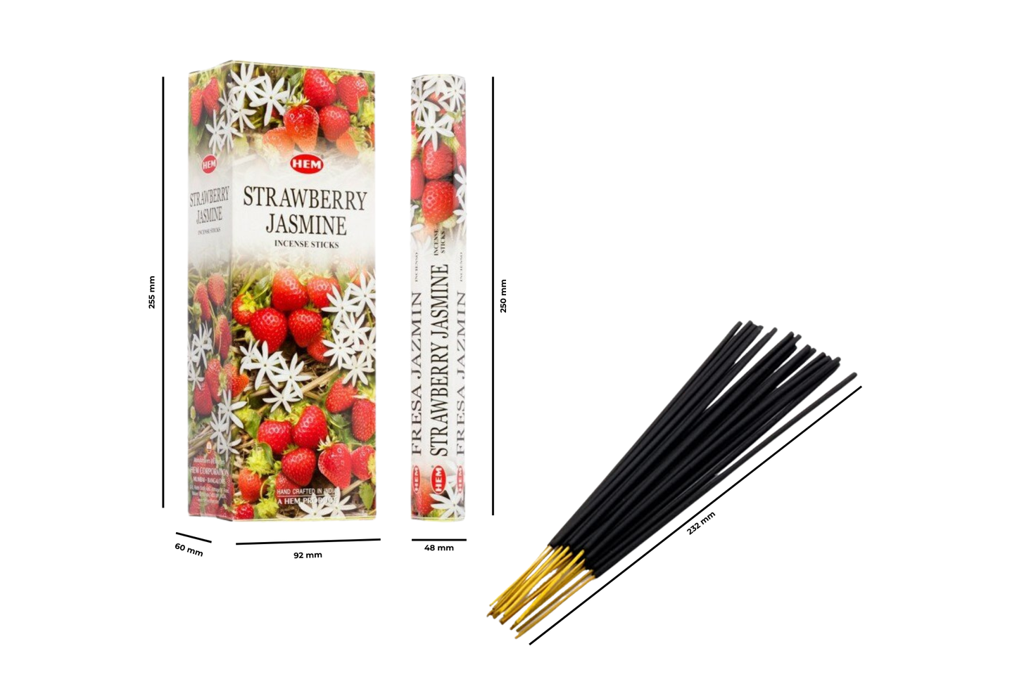 Strawberry Jasmine incense sticks with packaging on a white background