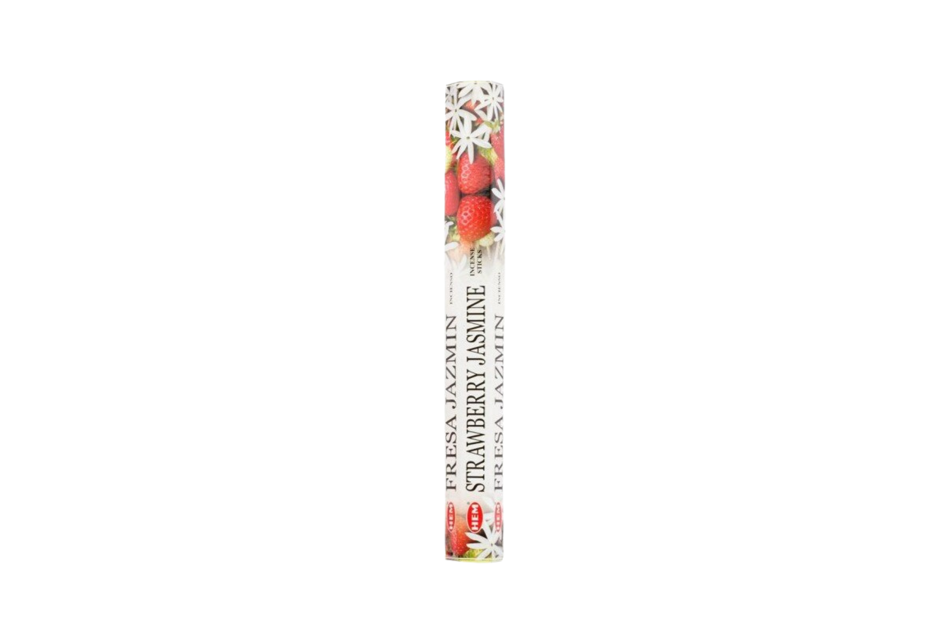 Incense packaging with a strawberry and jasmine design on a white background