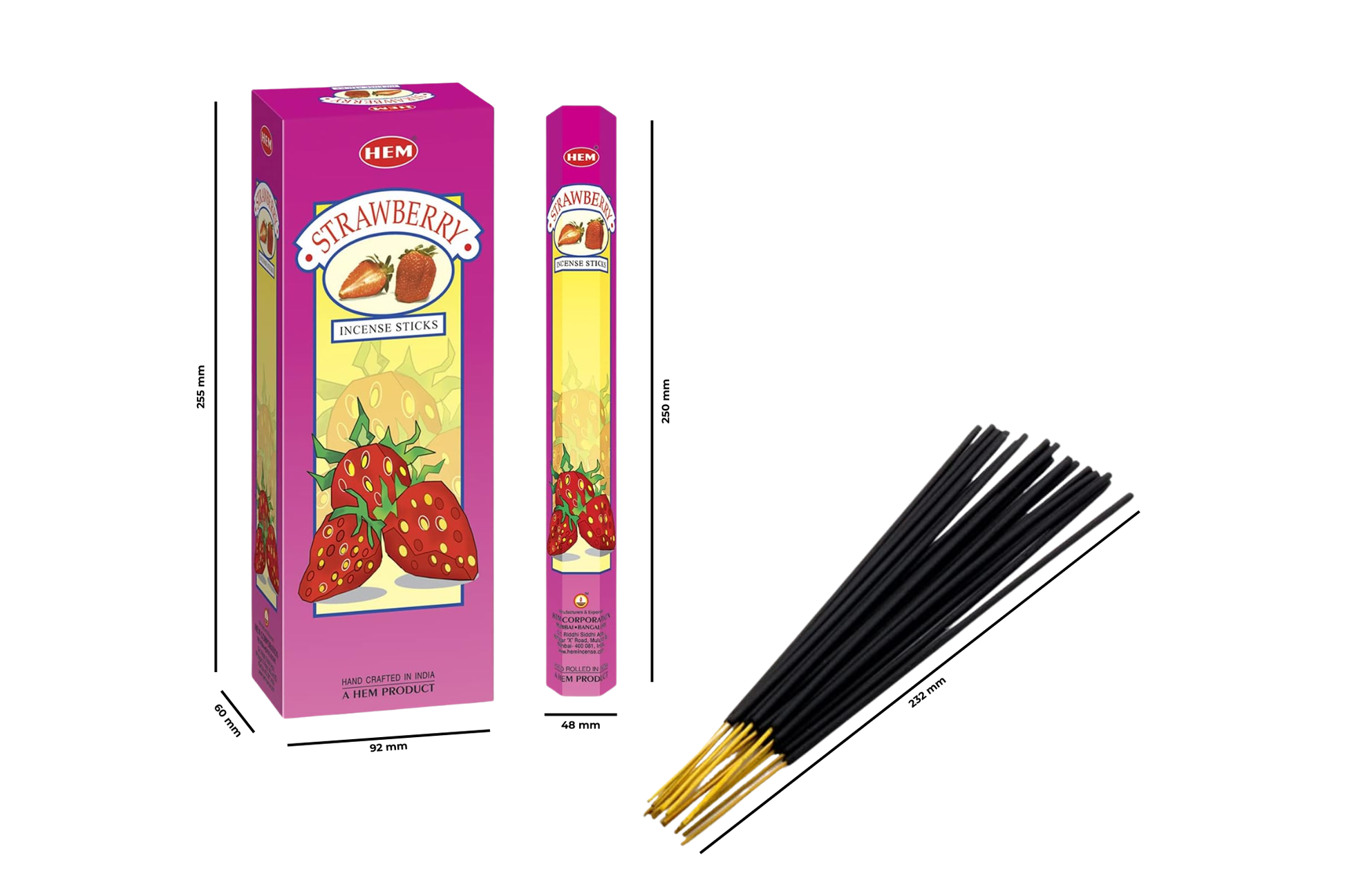 Strawberry-flavored incense sticks with packaging on a white background