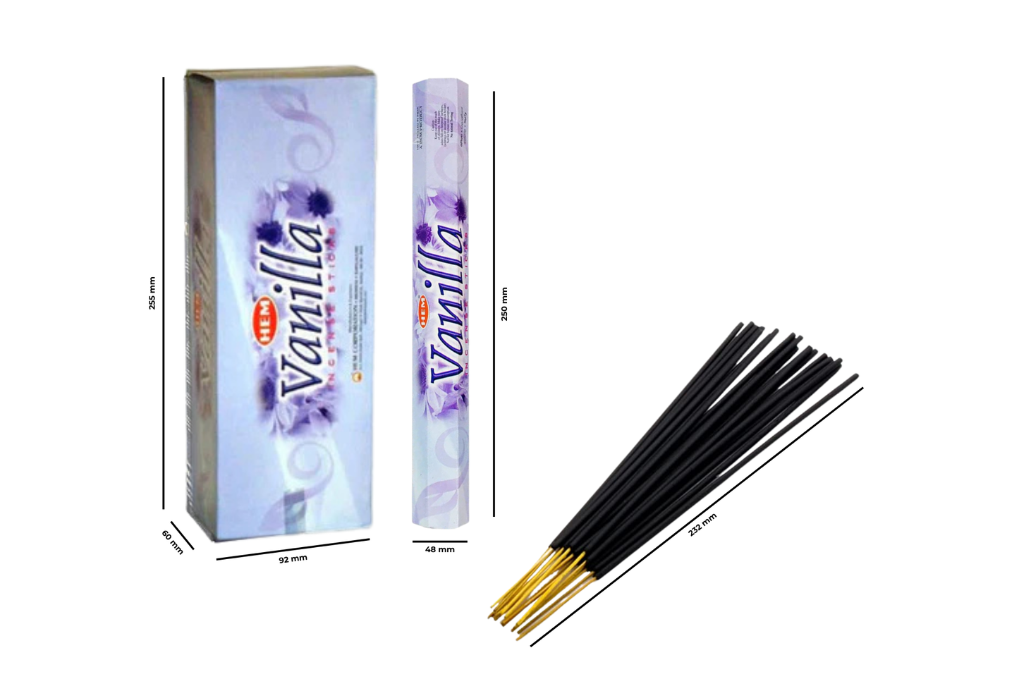 Vanilla-scented incense sticks with packaging on a white background