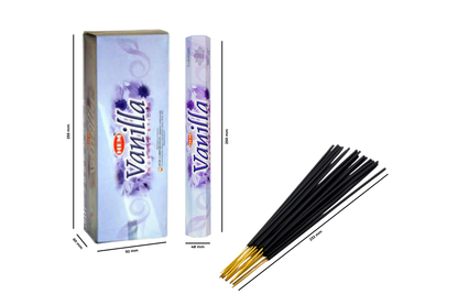 Vanilla-scented incense sticks with packaging on a white background