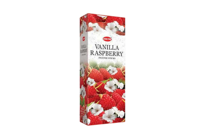 Box of HEM Vanilla Raspberry incense sticks on a white background
